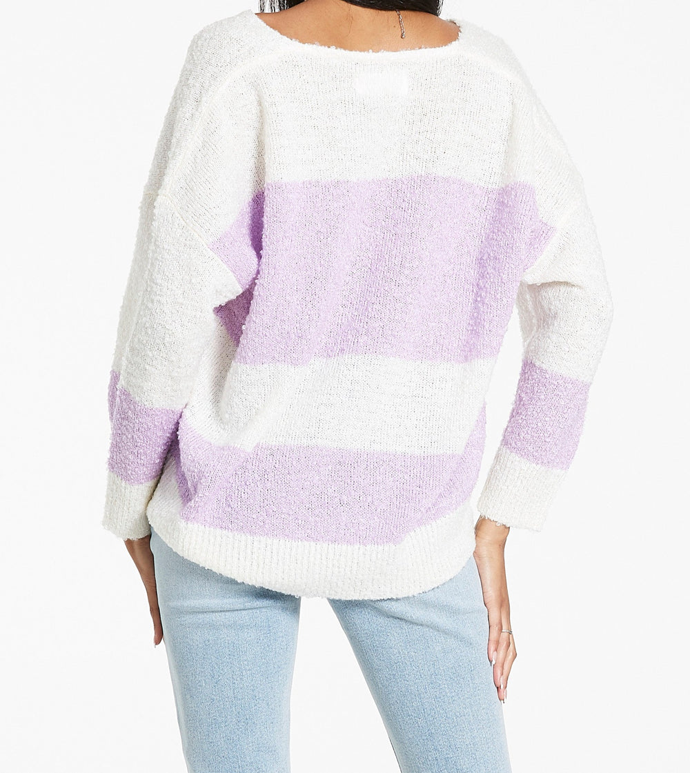 image of a female model wearing a ADRIEN STRIPE ORCHID SEA V-NECK SWEATER SWEATERS