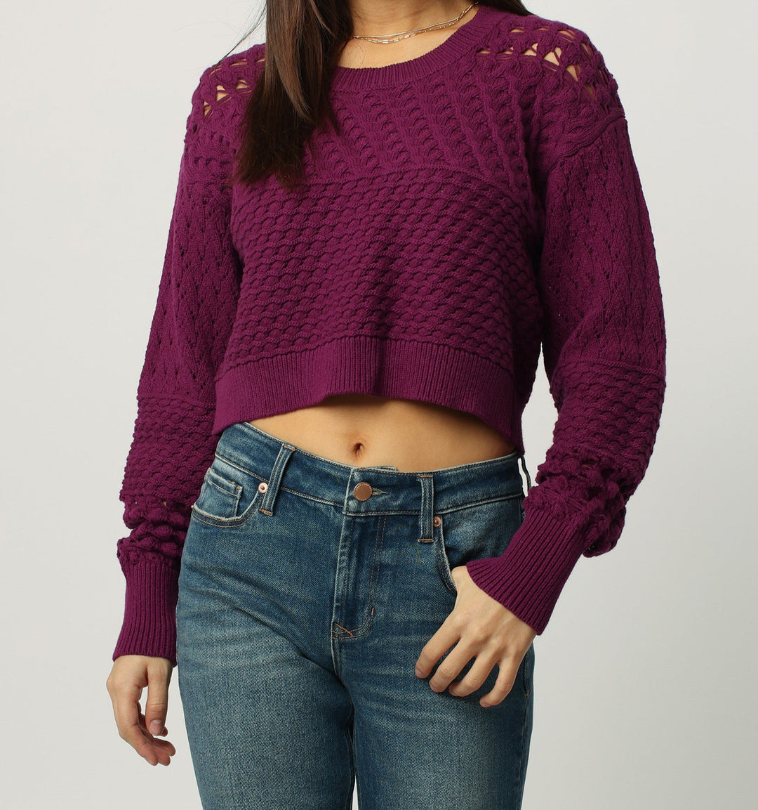 image of a female model wearing a ABIGAIL CROPPED LONG SLEEVE SWEATER DARK ORCHID SWEATERS