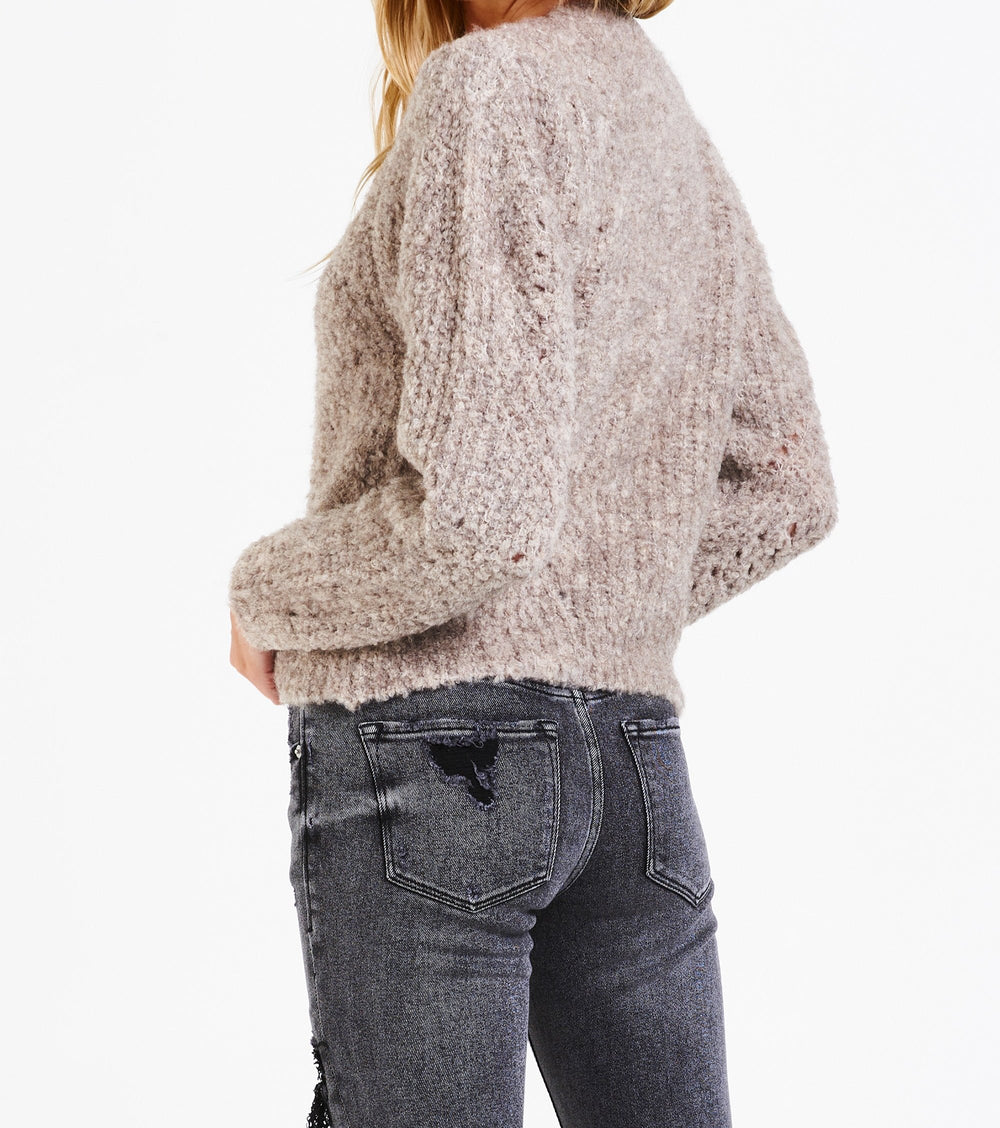 image of a female model wearing a YASMINE EYELET CARDIGAN SWEATER GINGERBREAD DEAR JOHN DENIM 