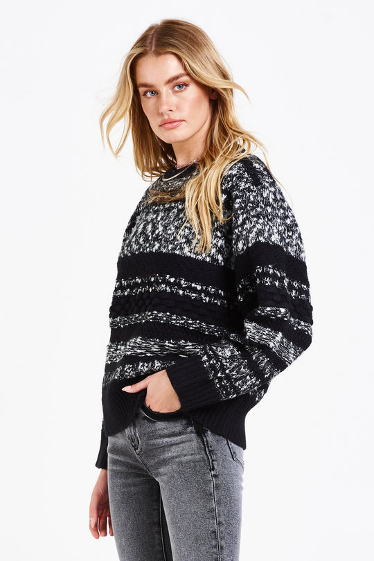 image of a female model wearing a MATILDA STRIPED SWEATER FROSTED TWILIGHT SWEATERS