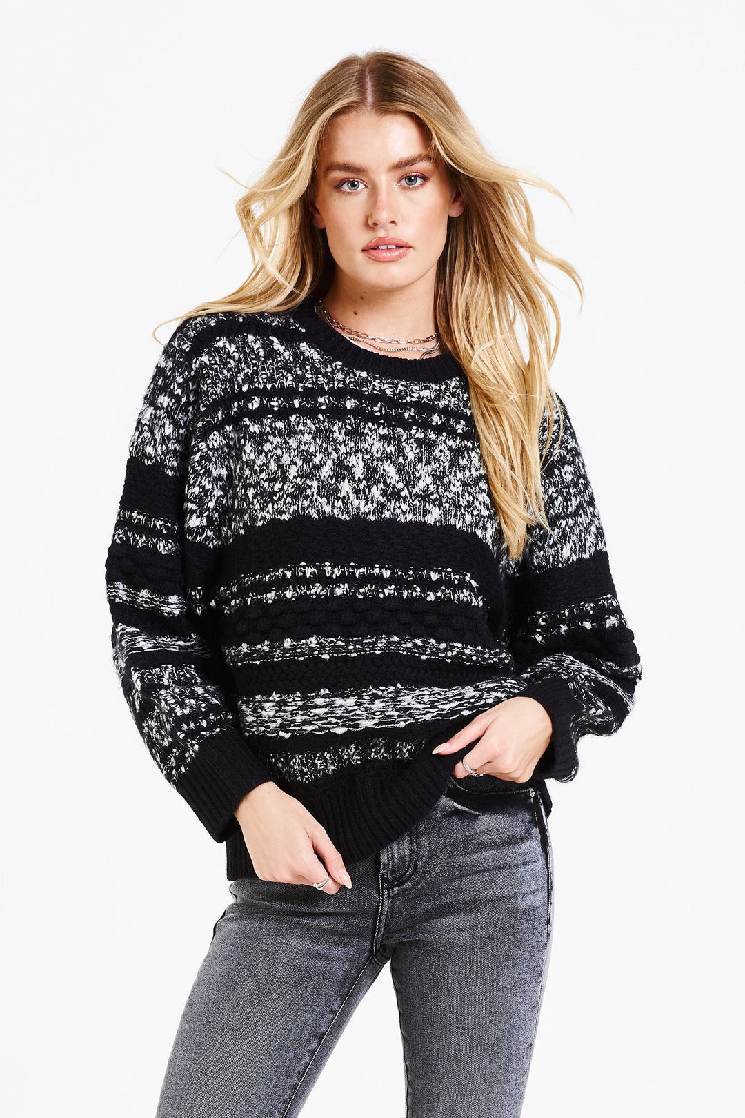 image of a female model wearing a MATILDA STRIPED SWEATER FROSTED TWILIGHT SWEATERS