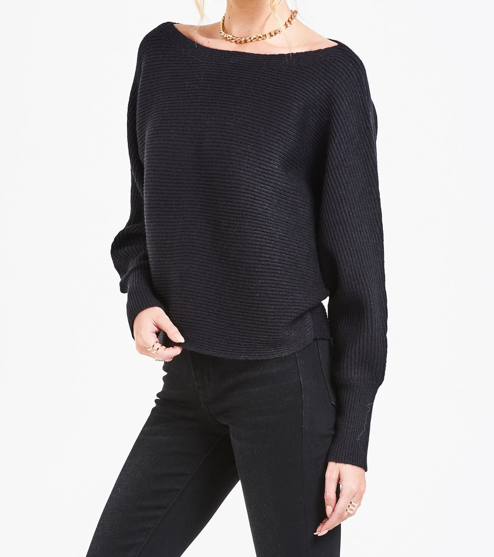 image of a female model wearing a TIFFINY OFF SHOULDER SWEATER BLACK DEAR JOHN DENIM 