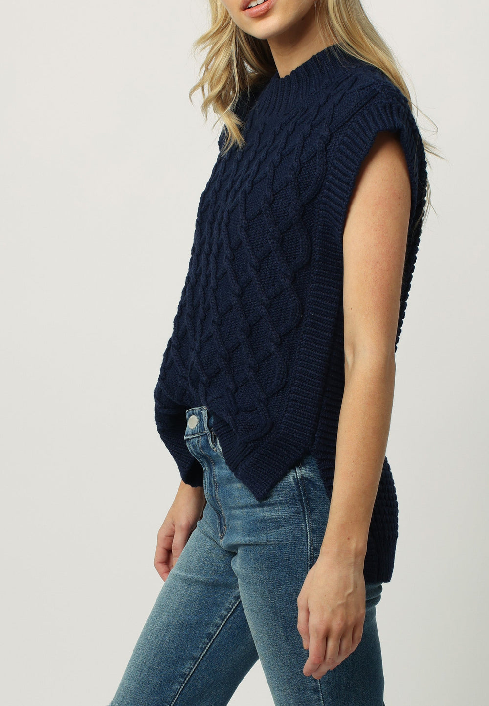 image of a female model wearing a BRIANA WIDE NECK SWEATER VEST FRENCH NAVY DEAR JOHN DENIM 