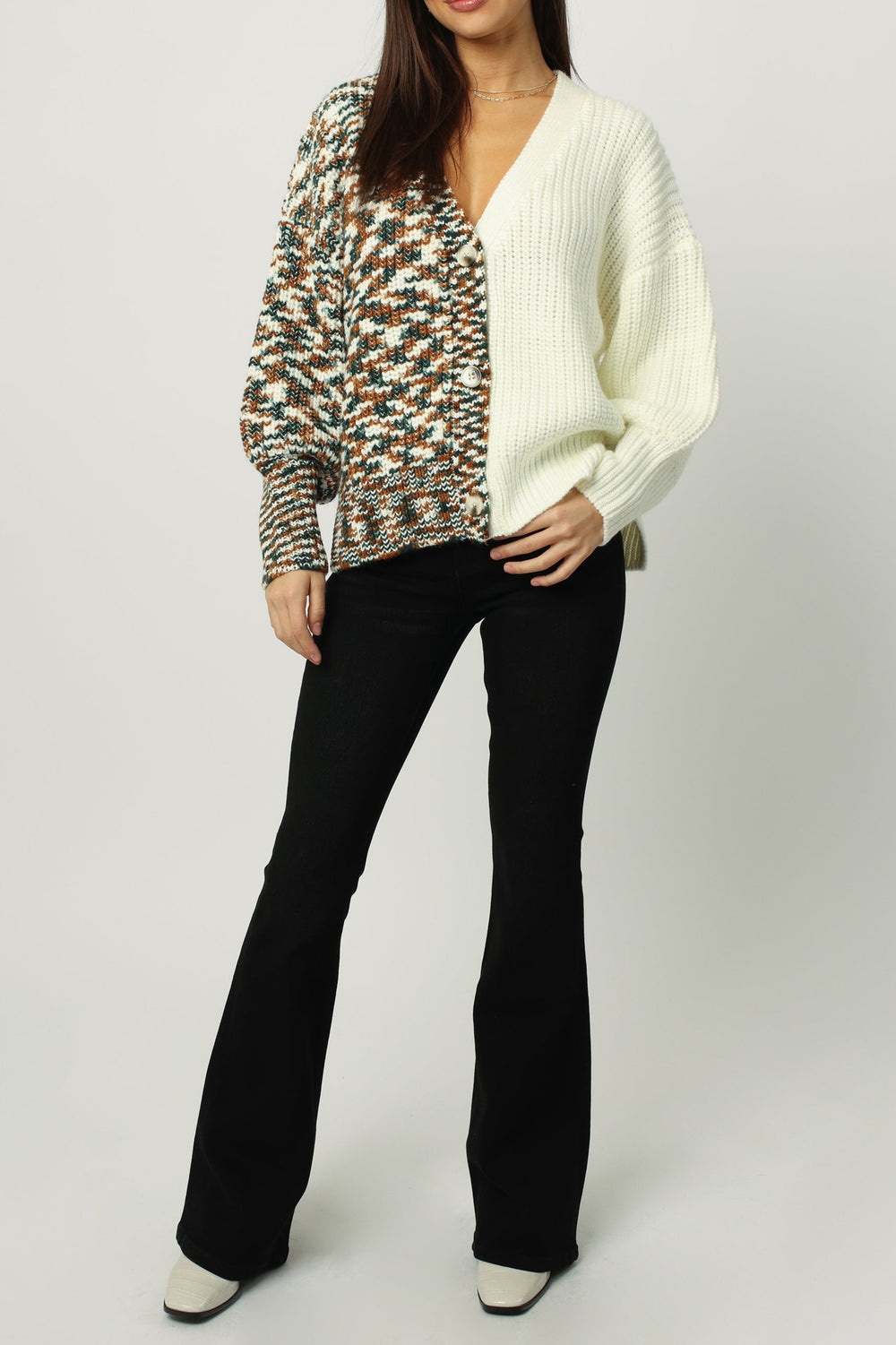 image of a female model wearing a CHARLI BUTTON DOWN V NECK CARDIGAN FOREST CREAM SWEATERS