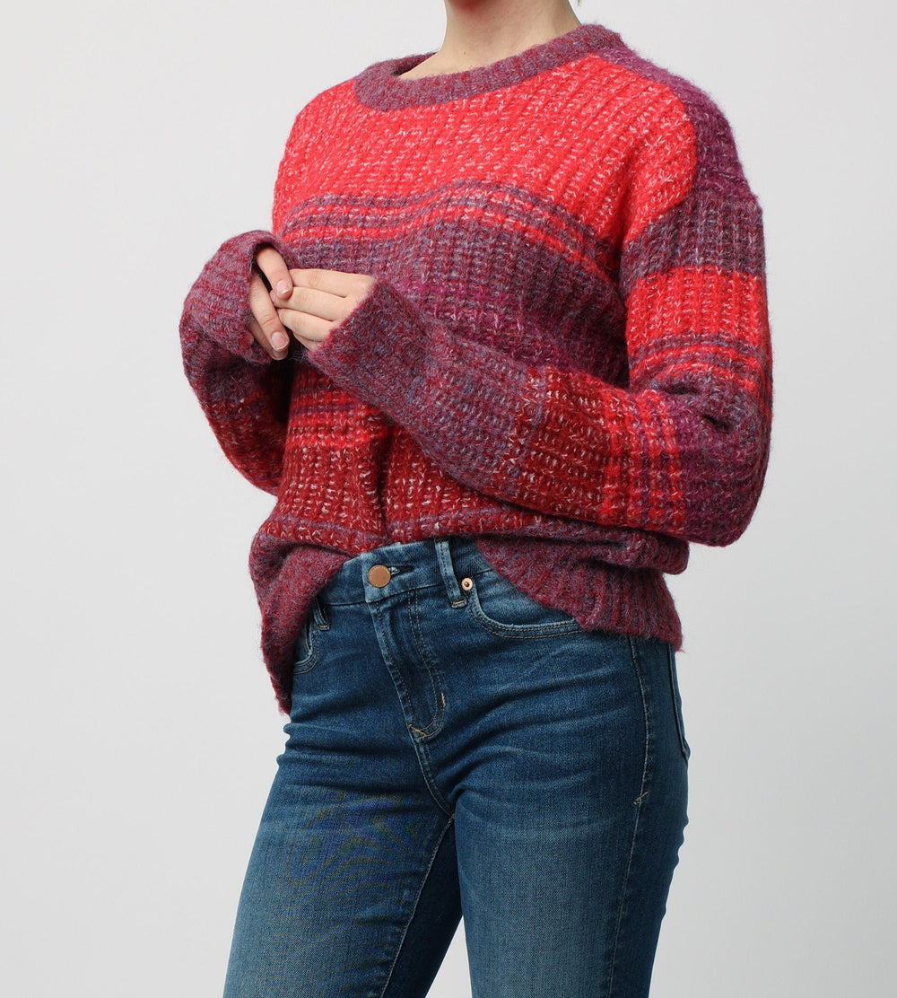 image of a female model wearing a DAKOTA LONG SLEEVE SWEATER BERRY RED DEAR JOHN DENIM 