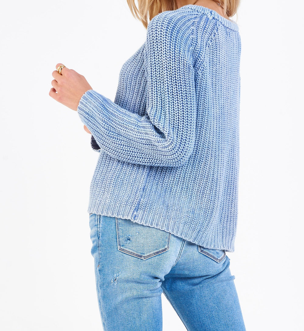 image of a female model wearing a ODETTE RAGLAN SWEATER CLOUDY SKIES DEAR JOHN DENIM 