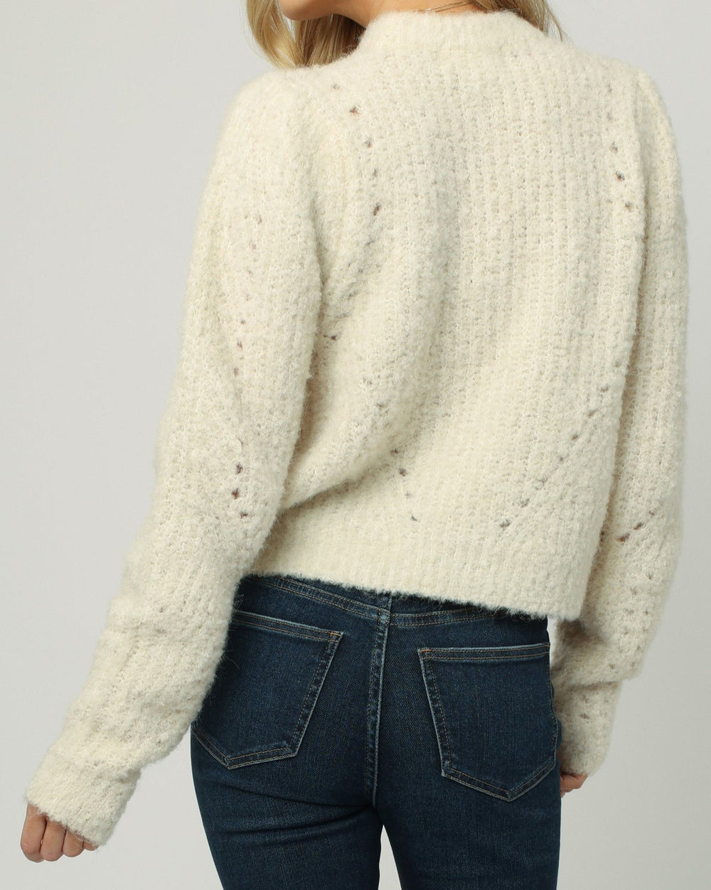 image of a female model wearing a MADISON LONG SLEEVE CREWNECK SWEATER CREAM DEAR JOHN DENIM 