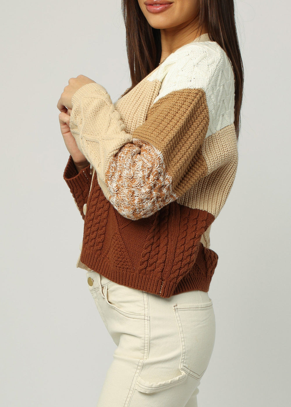 image of a female model wearing a NAOMI LONG SLEEVE CARDIGAN BISCUIT DEAR JOHN DENIM 