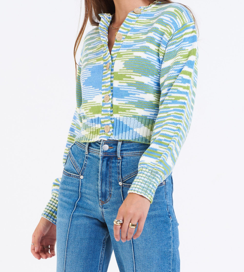 image of a female model wearing a HARVEY DROP SHOULDER CARDIGAN SWEATER EARTH DEAR JOHN DENIM 