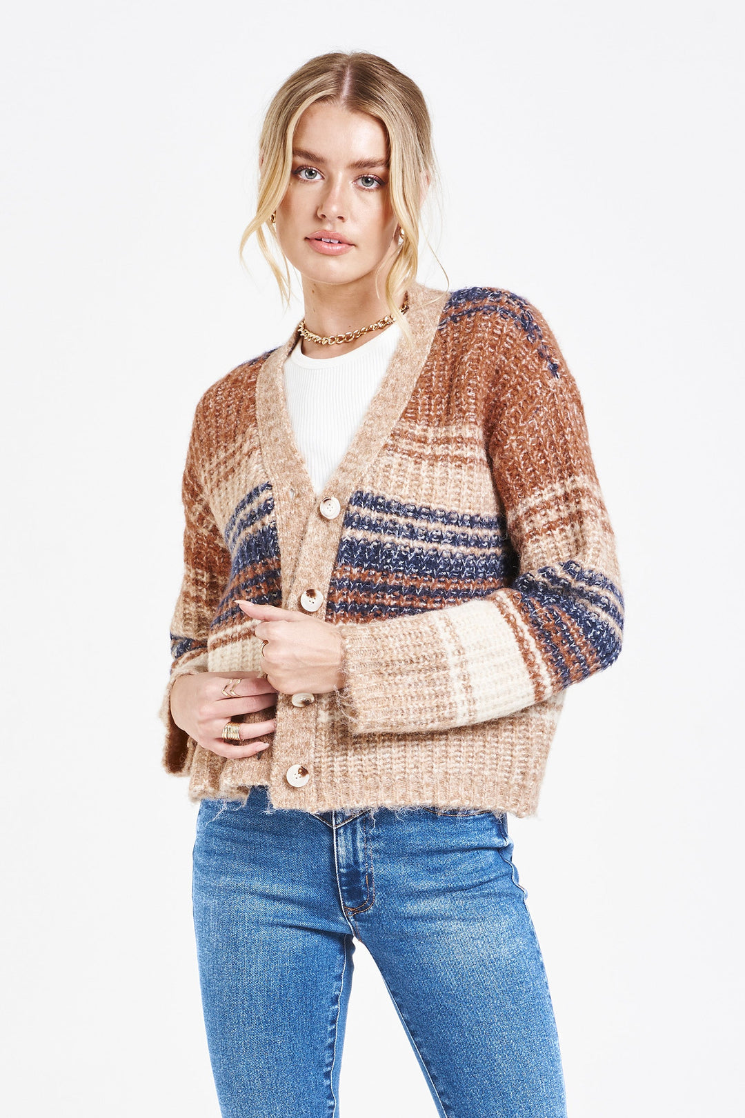 image of a female model wearing a NAOMI DROP SHOULDER CARDIGAN SWEATER SAND STONE SWEATERS