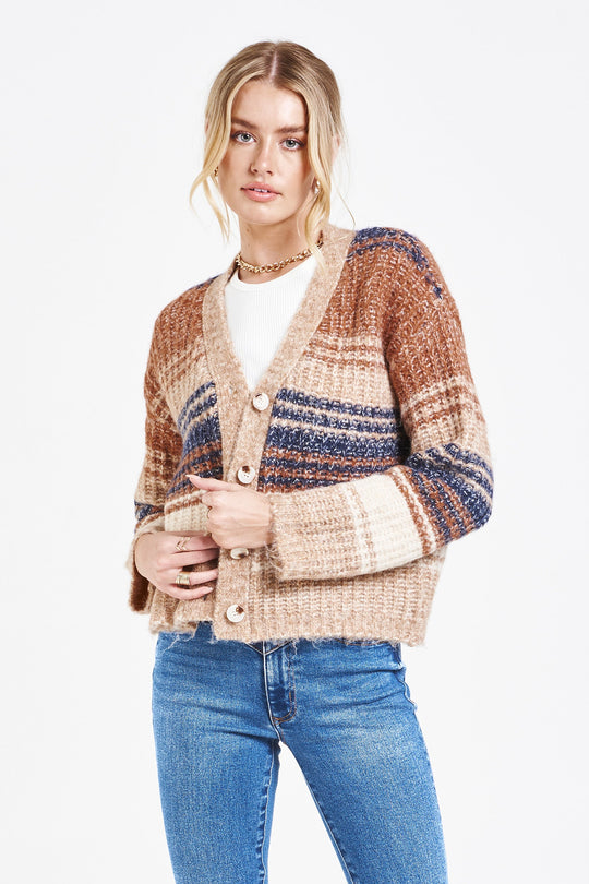 image of a female model wearing a NAOMI DROP SHOULDER CARDIGAN SWEATER SAND STONE SWEATERS