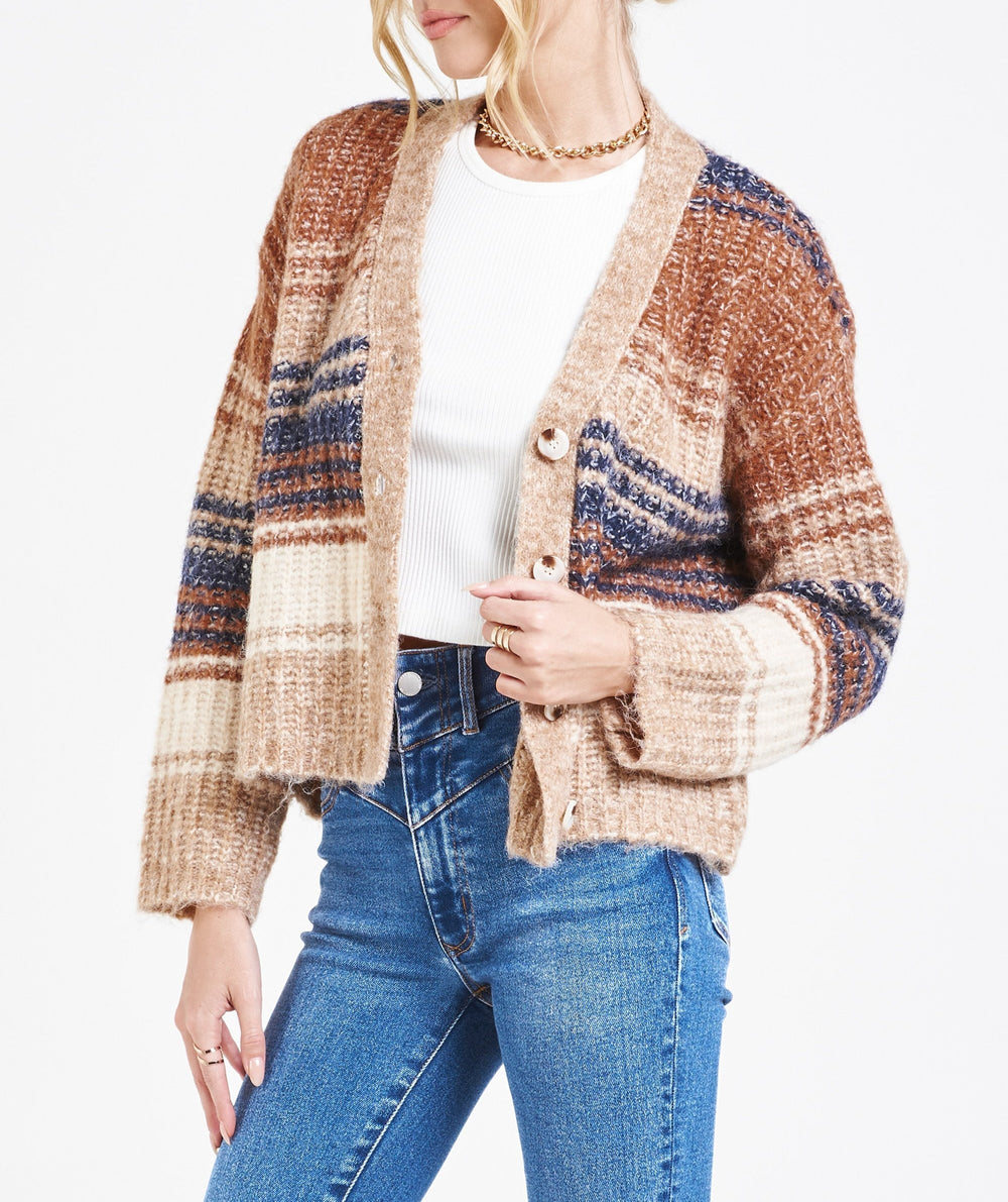 image of a female model wearing a NAOMI DROP SHOULDER CARDIGAN SWEATER SAND STONE DEAR JOHN DENIM 