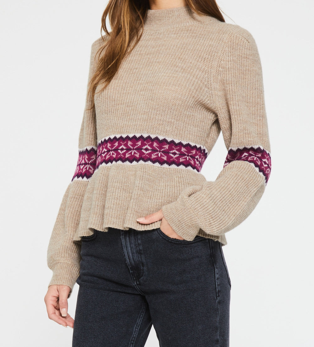 image of a female model wearing a FELICIA PEPLUM LONG SLEEVE SWEATER FALL FAWN DEAR JOHN DENIM 