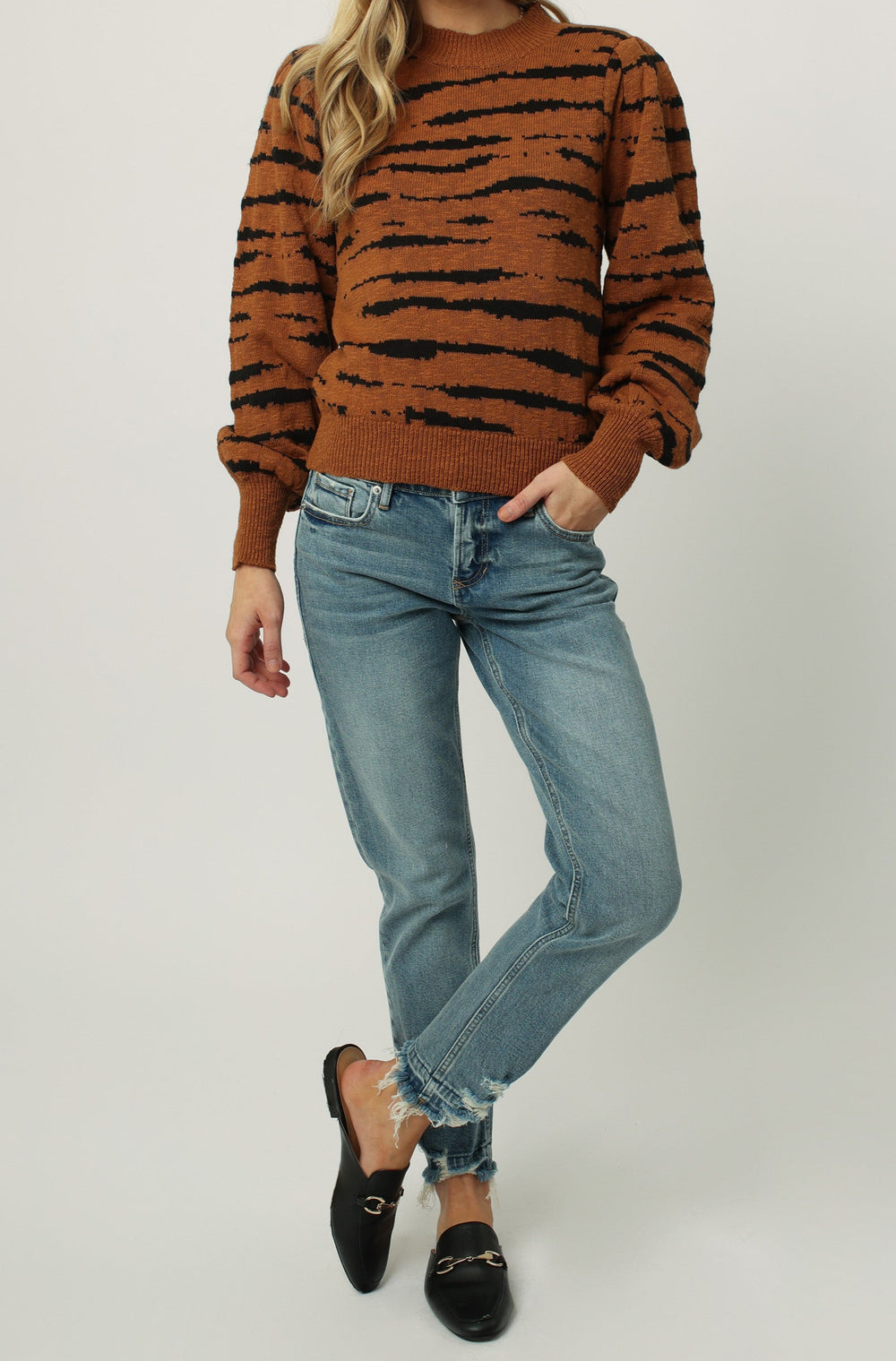 image of a female model wearing a JASMINE LONG SLEEVE SWEATER TIGER SWEATERS