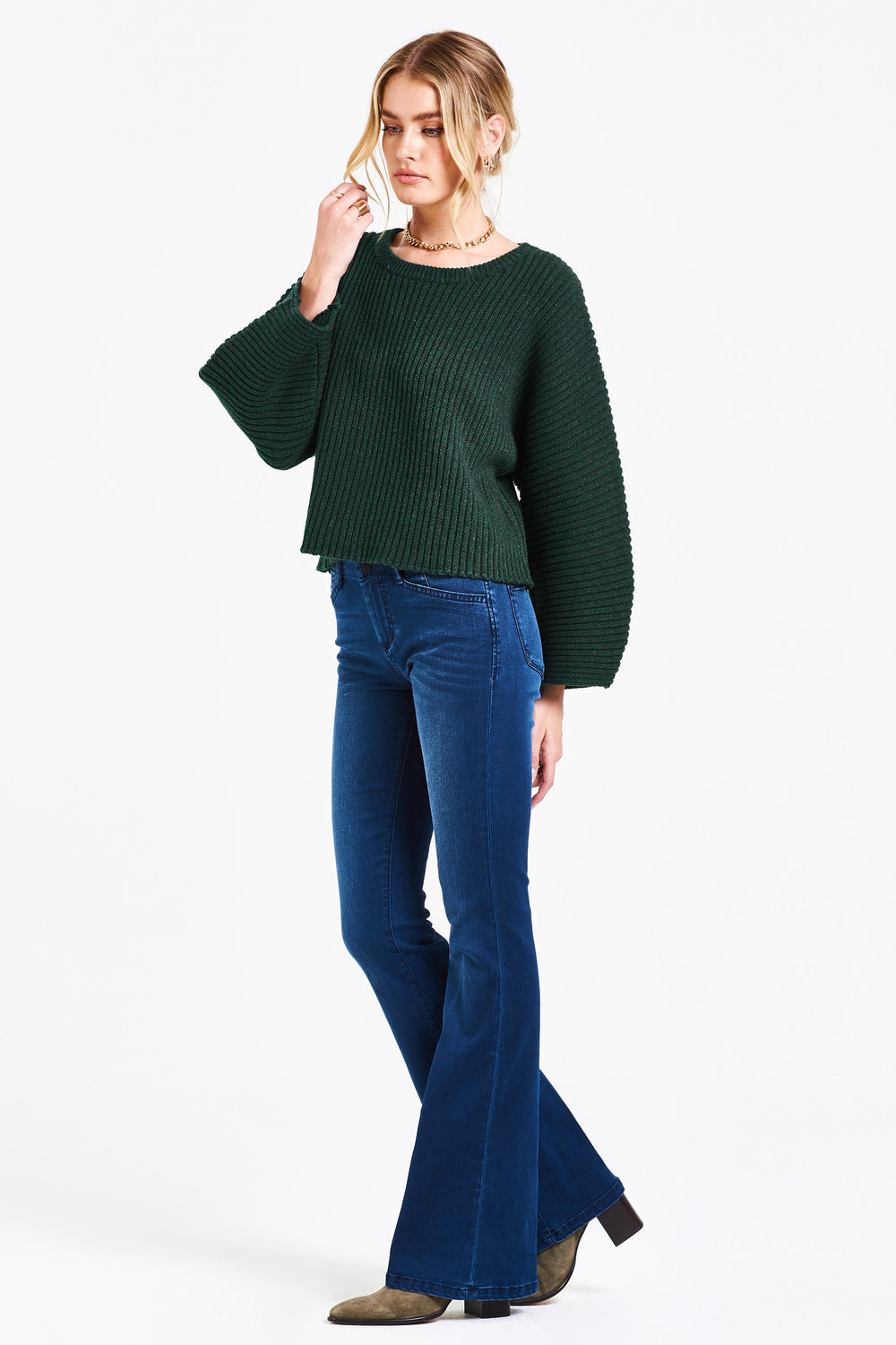 image of a female model wearing a PARKER DOLMAN SWEATER CHRISTMAS GREEN SWEATERS
