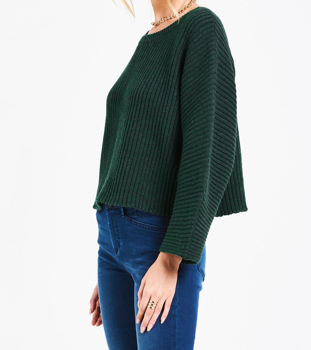 image of a female model wearing a PARKER DOLMAN SWEATER CHRISTMAS GREEN DEAR JOHN DENIM 