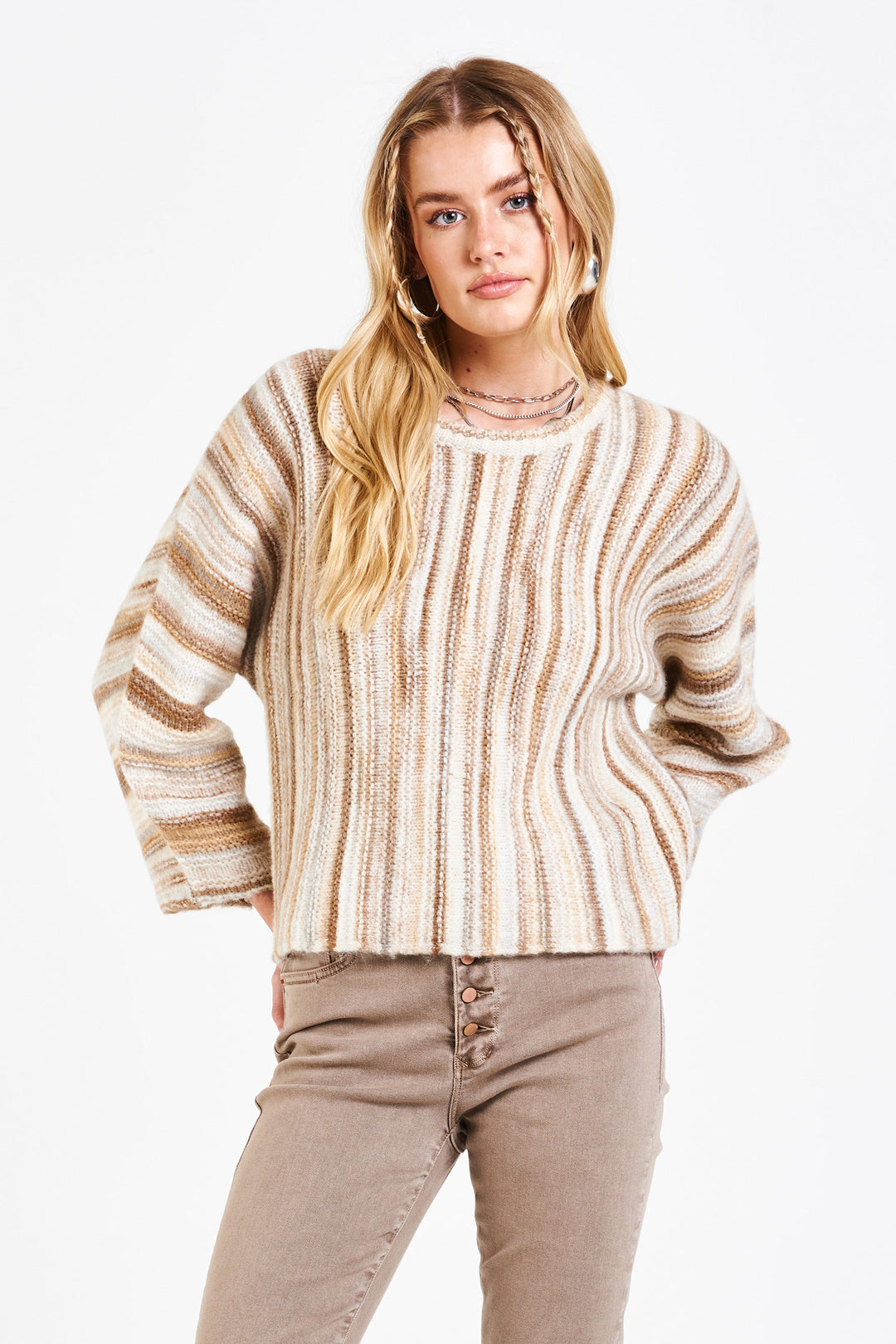 image of a female model wearing a PARKER DOLMAN SWEATER TOASTED SUGAR SWEATERS