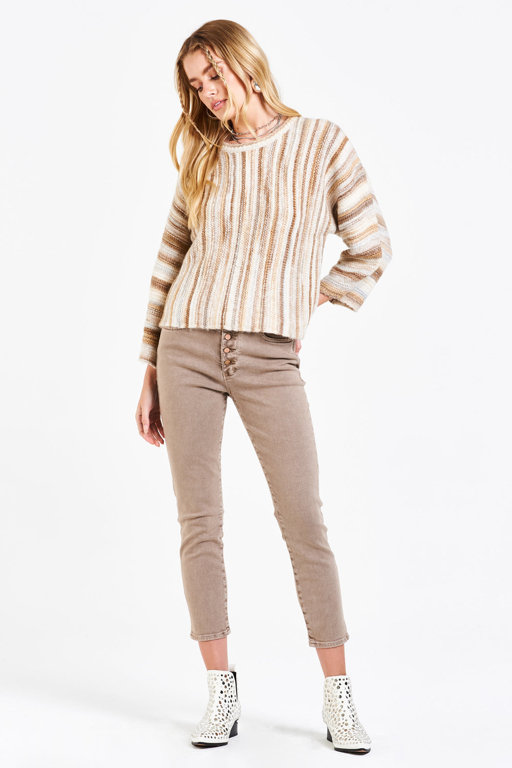 image of a female model wearing a PARKER DOLMAN SWEATER TOASTED SUGAR SWEATERS