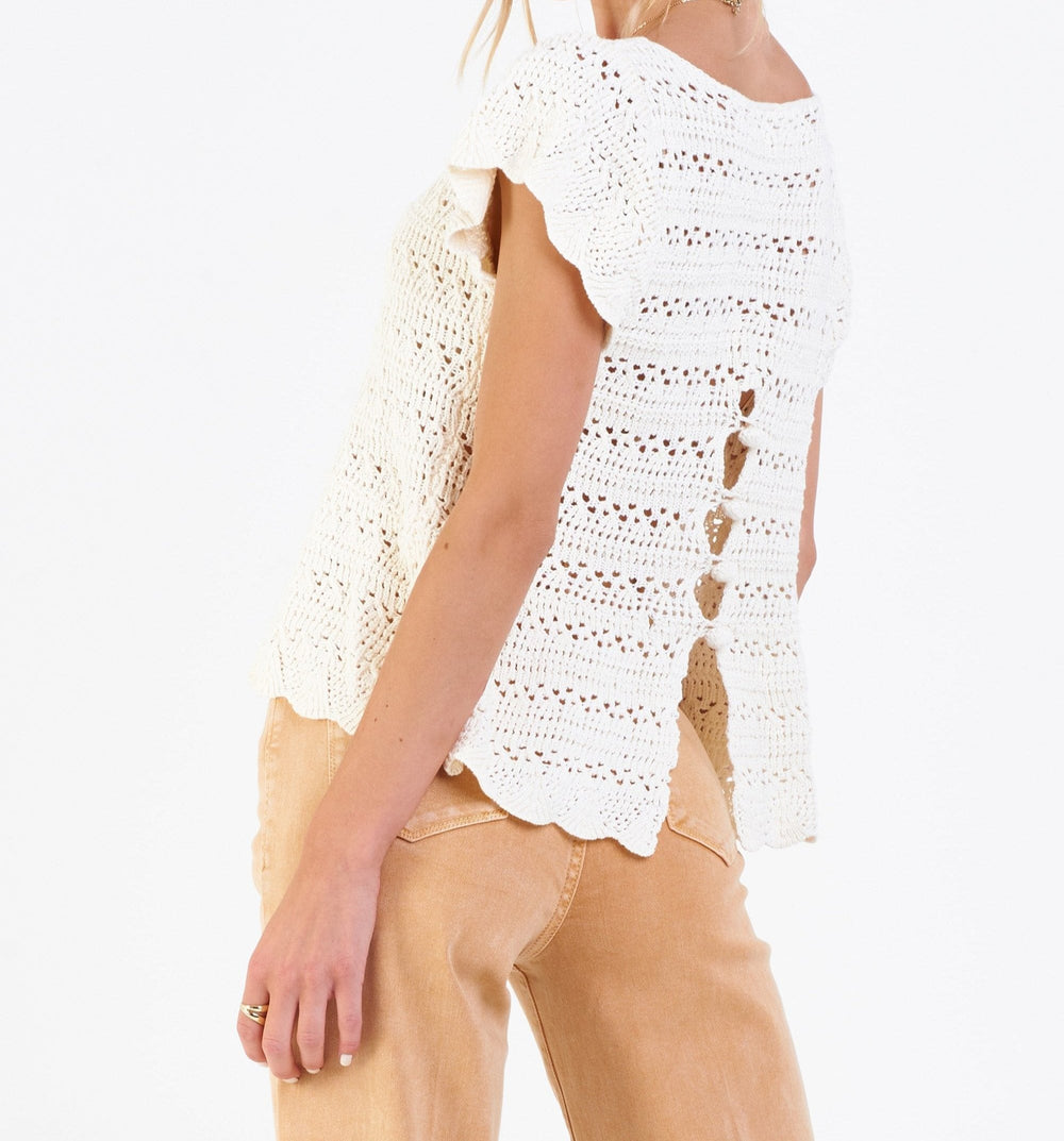 image of a female model wearing a RAEGAN CROCHET DETAIL SWEATER CREAM DEAR JOHN DENIM 