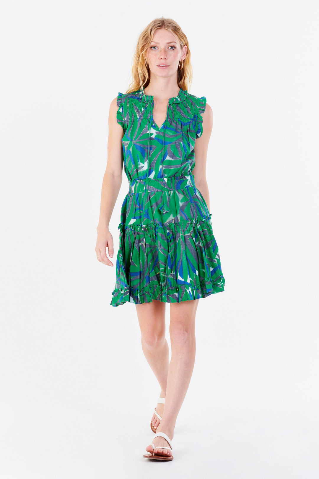 image of a female model wearing a MELODIE TIERED RUFFLE DRESS GREEN TROPICS DRESSES
