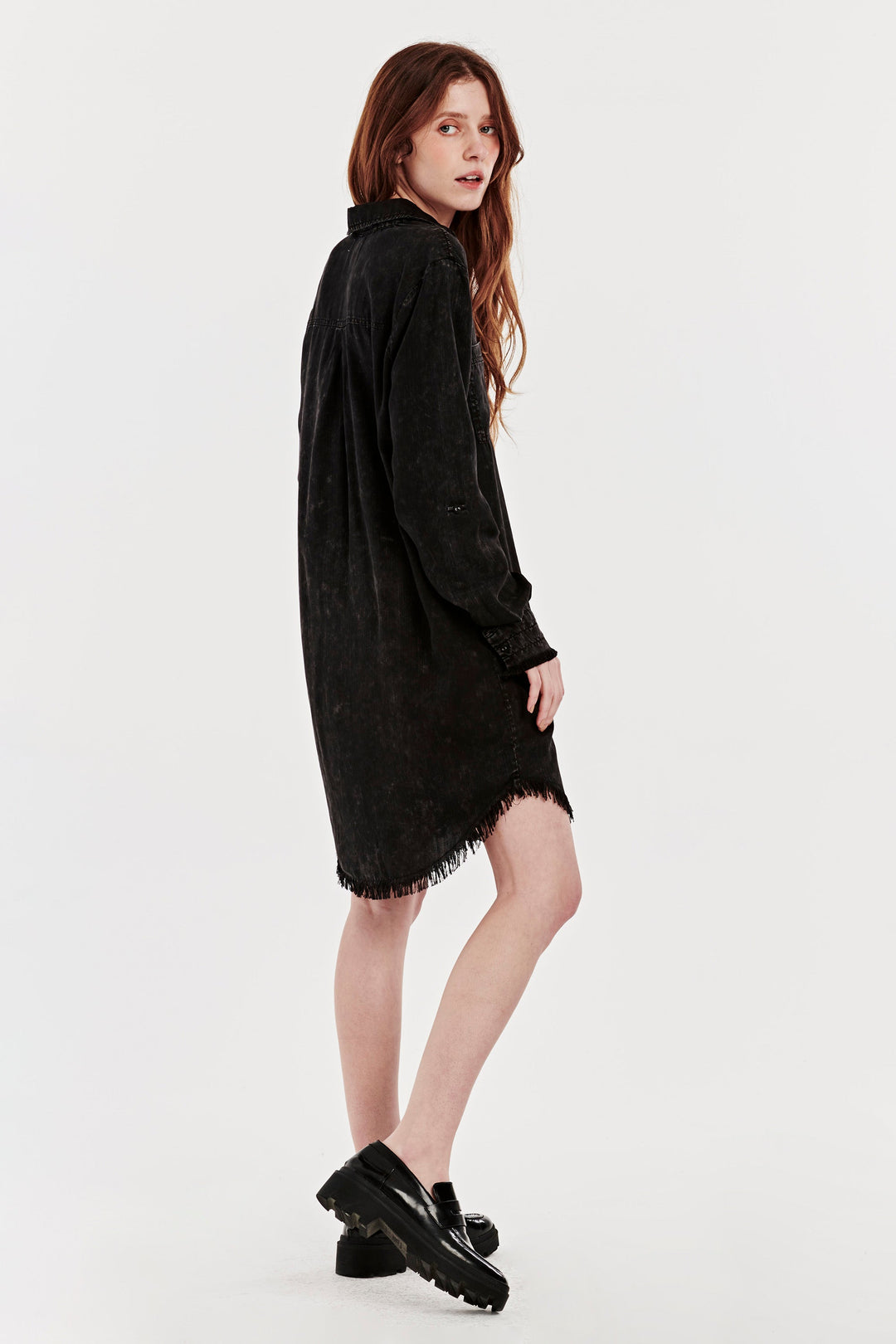 image of a female model wearing a AVERY BUTTON FRONT DRESS BLACK MINERAL DEAR JOHN DENIM 