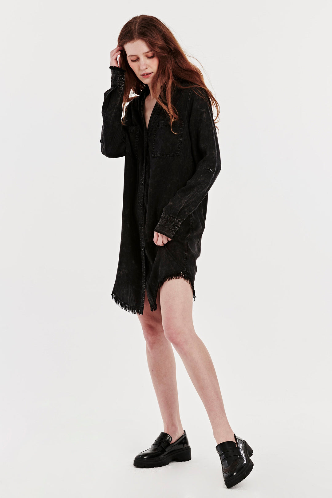 image of a female model wearing a AVERY BUTTON FRONT DRESS BLACK MINERAL DEAR JOHN DENIM 