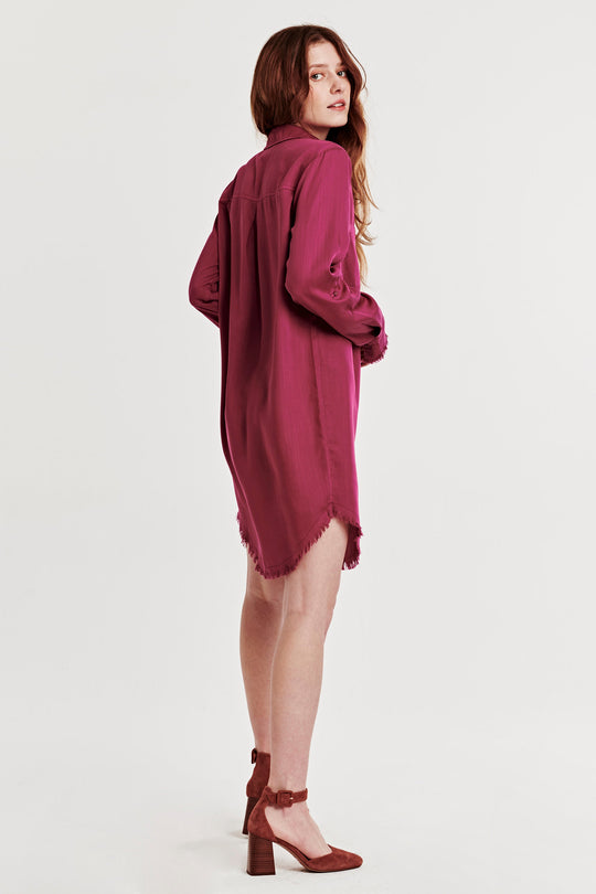 image of a female model wearing a AVERY BUTTON FRONT SHIRT DRESS PURPLE WINE DRESSES