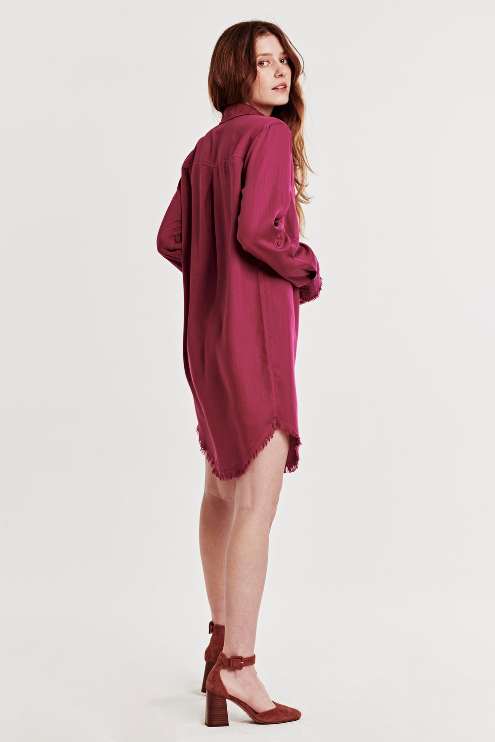 image of a female model wearing a AVERY BUTTON FRONT DRESS PURPLE WINE DEAR JOHN DENIM 