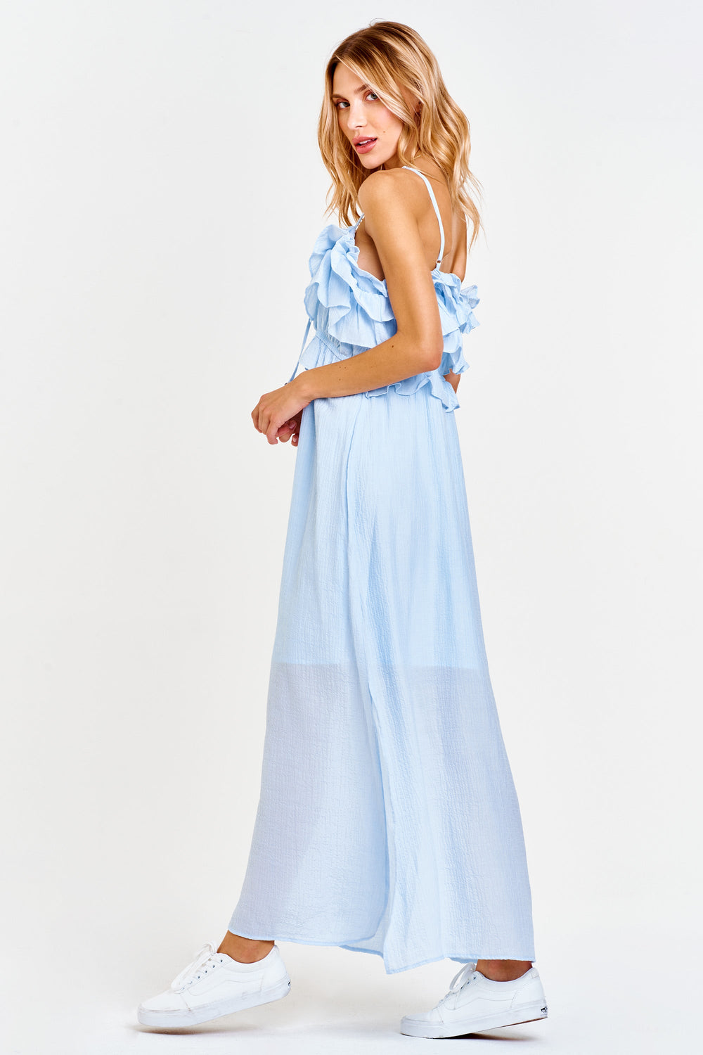image of a female model wearing a JOJO MULTI RUFFLE DRESS MID SKY DRESSES