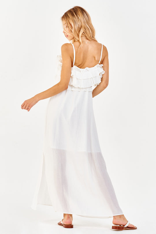 image of a female model wearing a JOJO MULTI RUFFLE DRESS WHITE DRESSES
