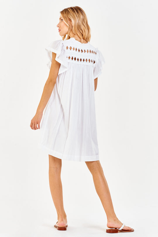 image of a female model wearing a OSIRIS KNOTTED EMBROIDERY DRESS WHITE DEAR JOHN DENIM 