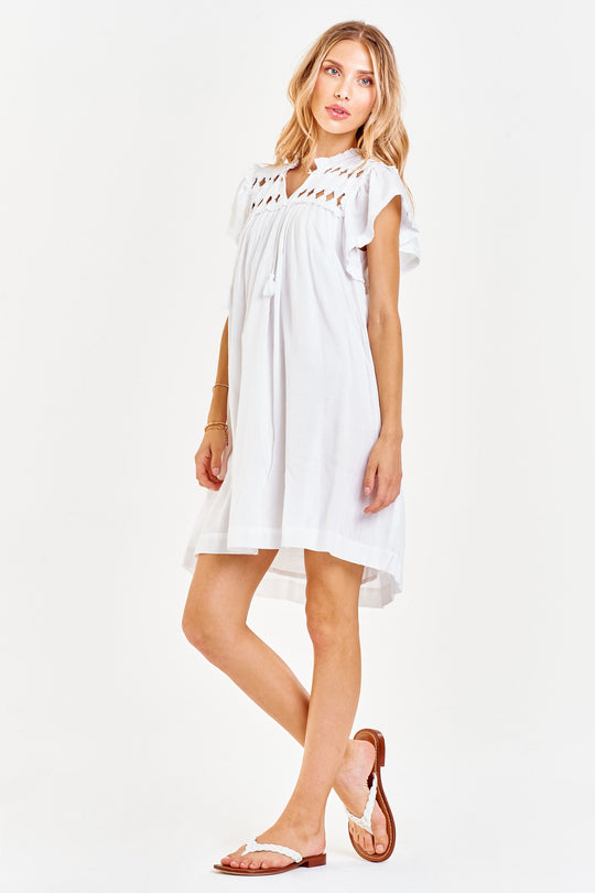 image of a female model wearing a OSIRIS KNOTTED EMBROIDERY DRESS WHITE DEAR JOHN DENIM 