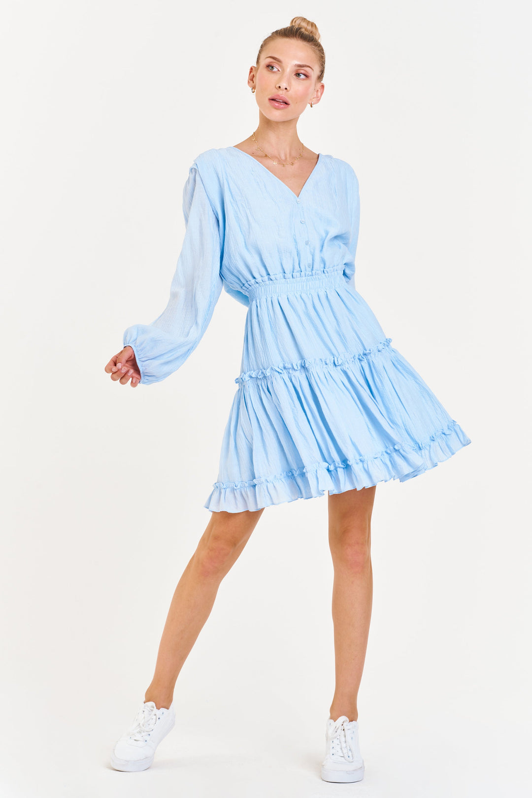 image of a female model wearing a LYDIA SMOCKED WAIST DRESS MID SKY DRESSES