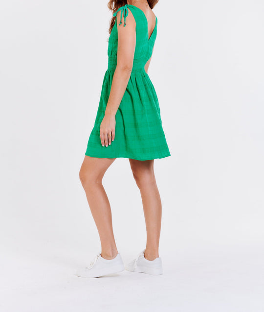 image of a female model wearing a WESLIE CINCHED TIE DRESS JADE GREEN DEAR JOHN DENIM 