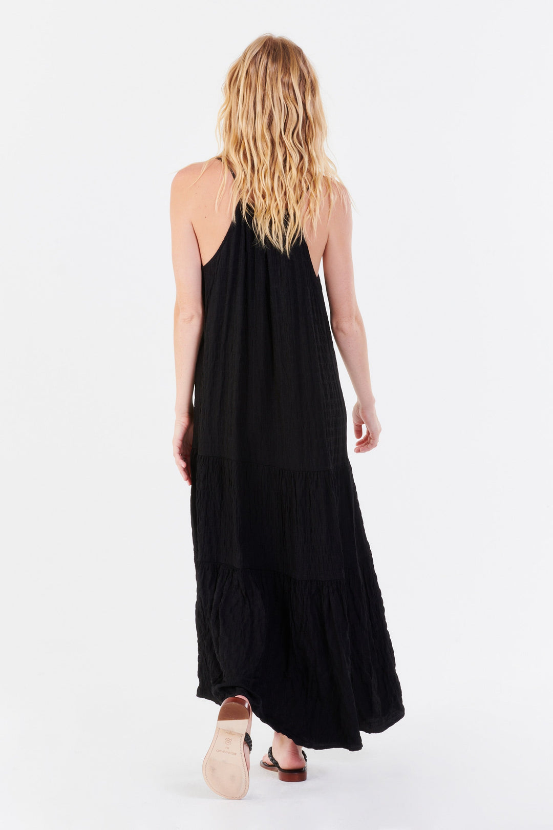 image of a female model wearing a RYO STRAP HALTER DRESS BLACK DEAR JOHN DENIM 