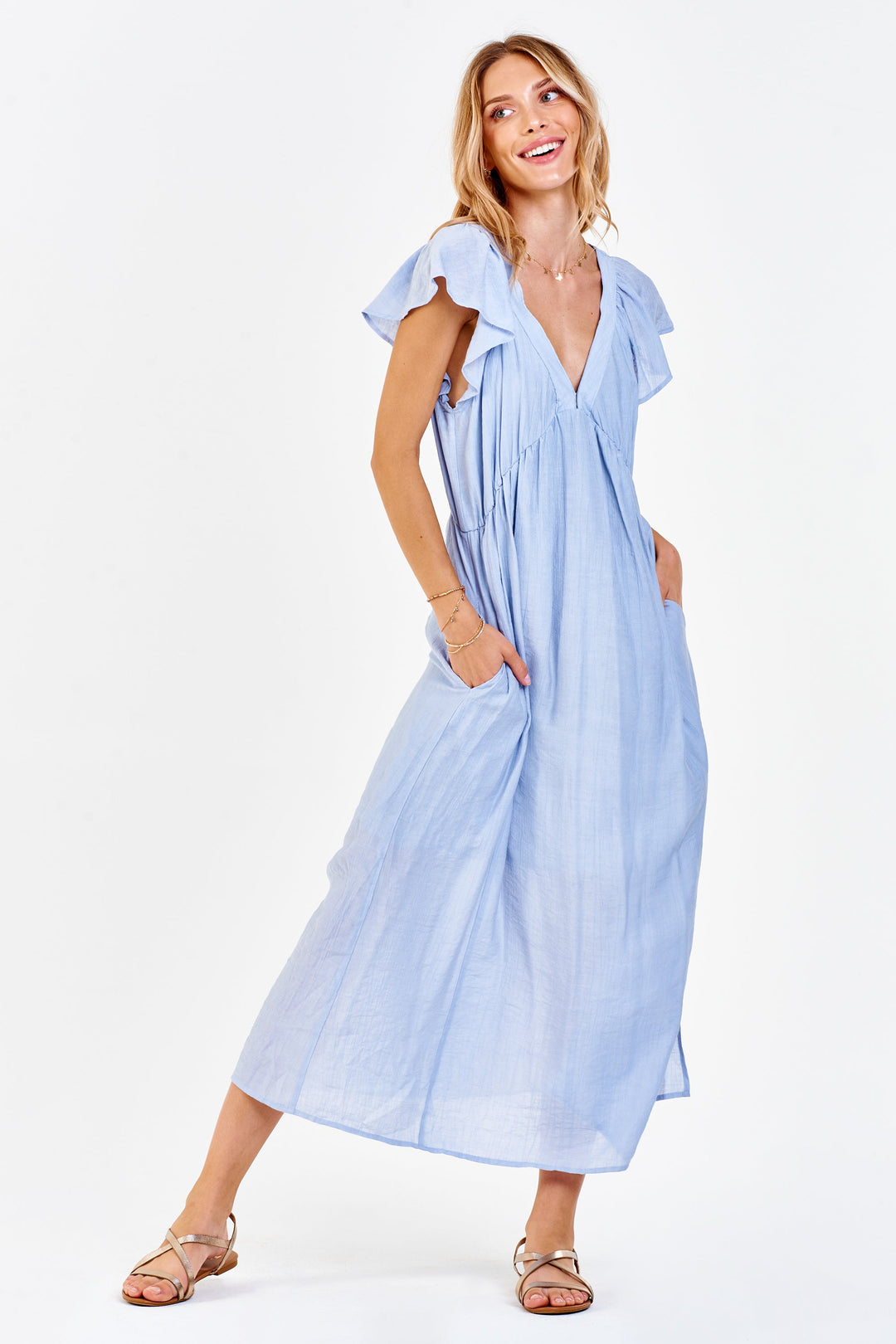 image of a female model wearing a LOTTIE DEEP V DRESS ENGLISH BLUE DEAR JOHN DENIM 