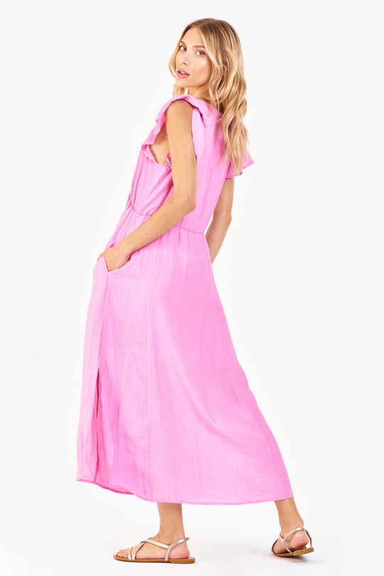image of a female model wearing a LOTTIE DEEP V DRESS FANCY PINK DRESSES