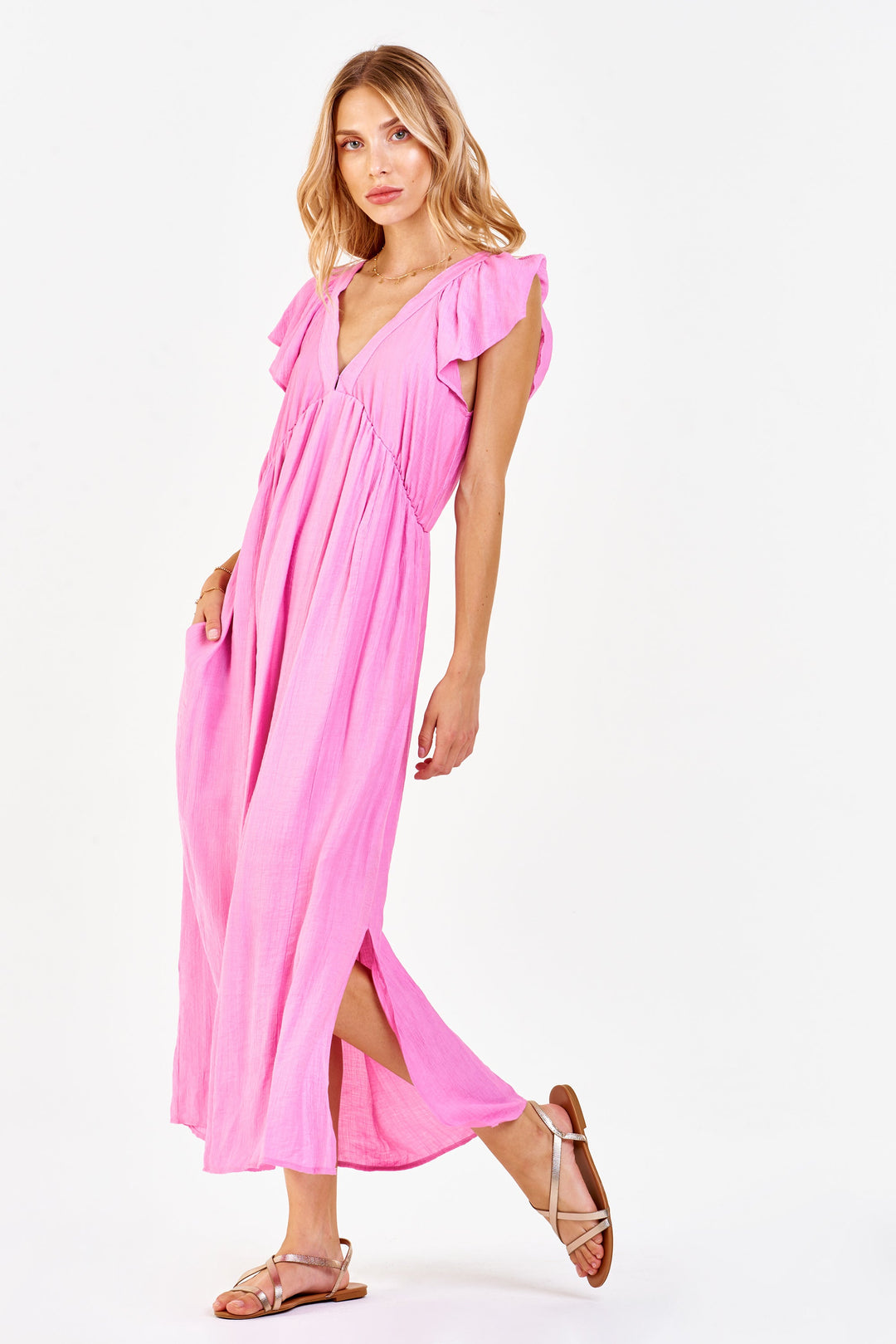 image of a female model wearing a LOTTIE DEEP V DRESS FANCY PINK DRESSES