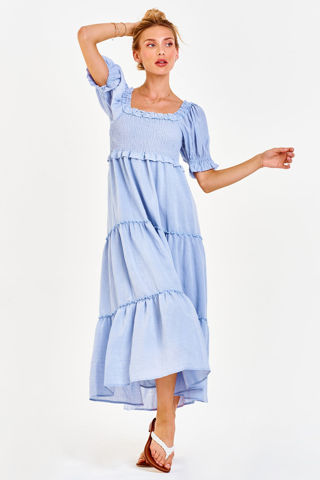 image of a female model wearing a SHELBY SMOCKED BODICE DRESS ENGLISH BLUE DEAR JOHN DENIM 
