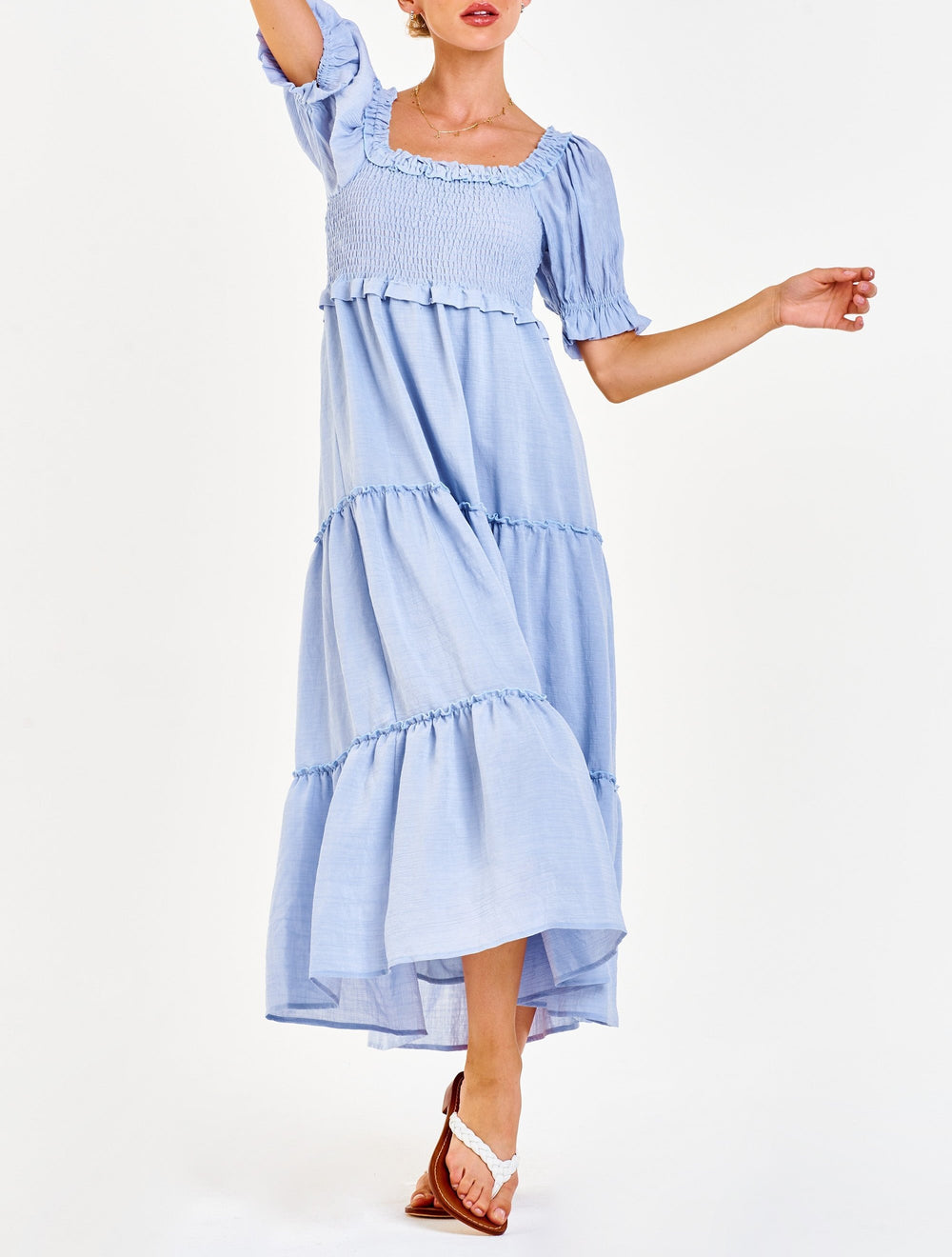 image of a female model wearing a SHELBY SMOCKED BODICE DRESS ENGLISH BLUE DEAR JOHN DENIM 