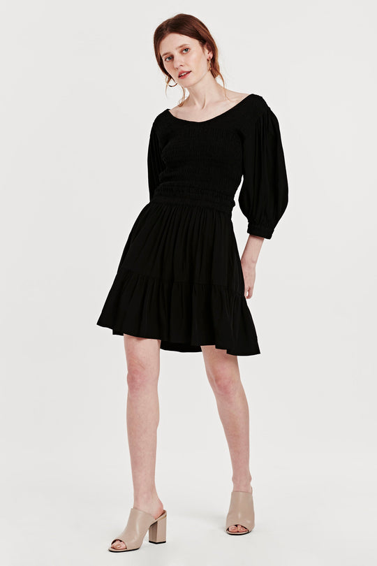 image of a female model wearing a CHRISTINA SMOCKED BODICE MIDI DRESS BLACK DRESSES