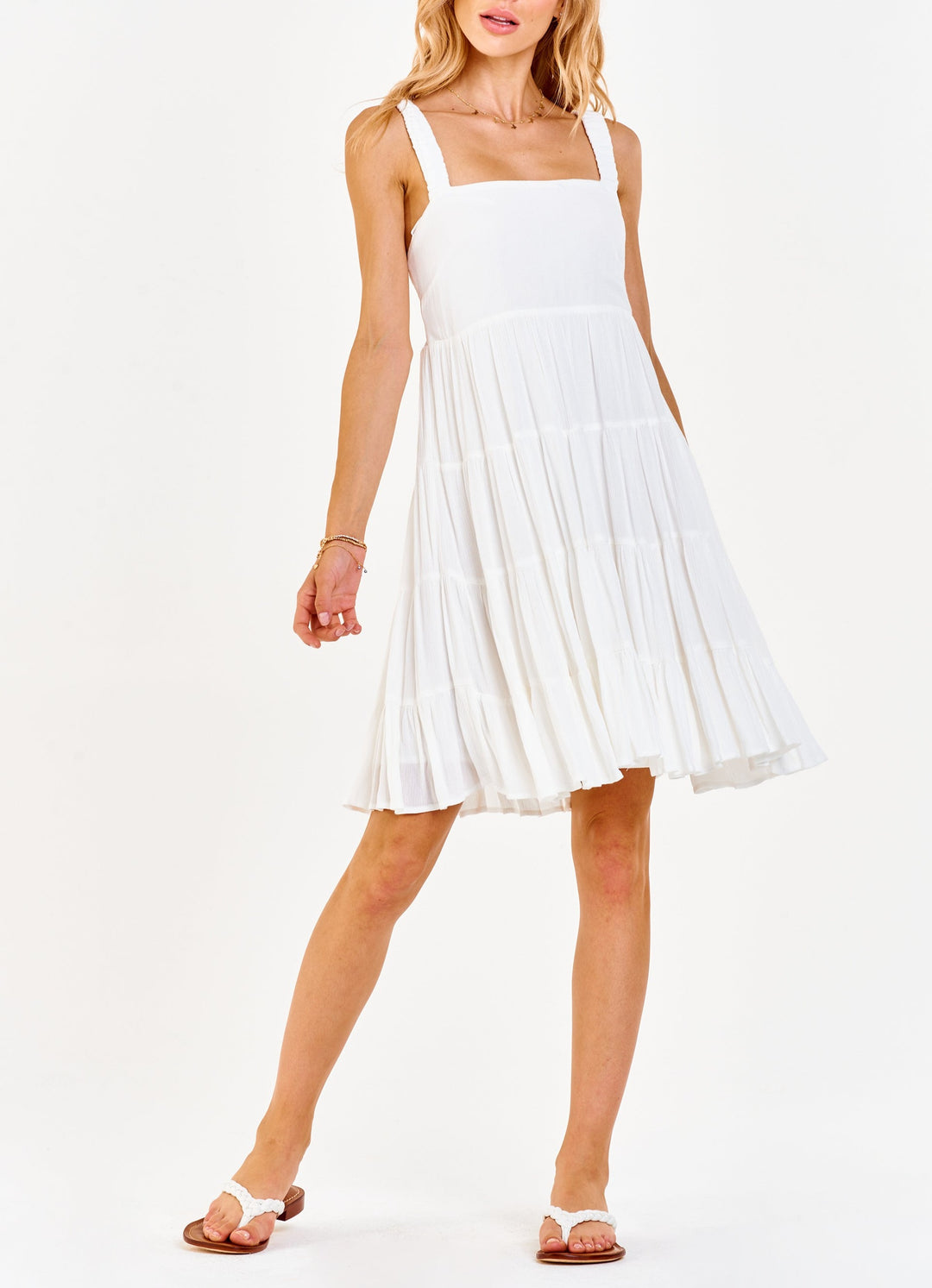 image of a female model wearing a FAYE STRAP TANK DRESS WHITE DEAR JOHN DENIM 
