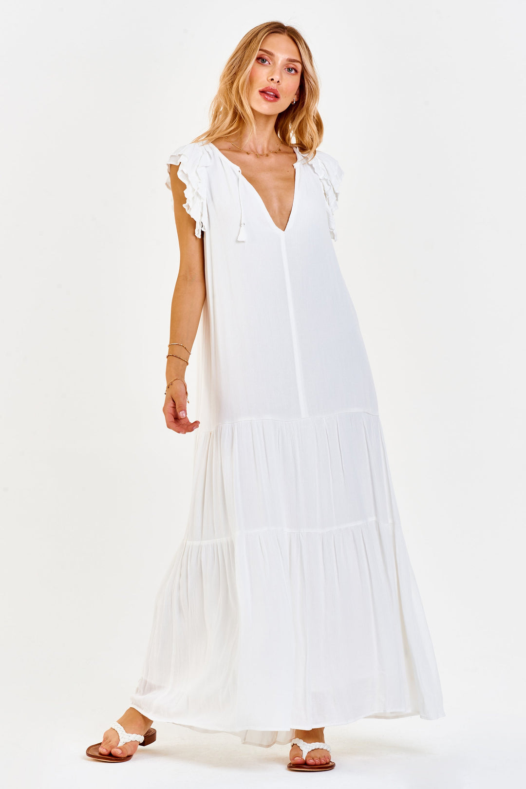 image of a female model wearing a ZARA FRONT SLIT DRESS WHITE DEAR JOHN DENIM 