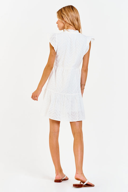 image of a female model wearing a GUINEVERE PETAL SLEEVE DRESS WHITE CHEVRON DEAR JOHN DENIM 
