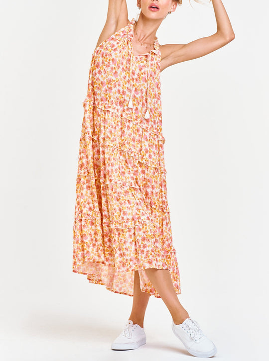 image of a female model wearing a FLOR TIERED SKIRT DRESS PRETTY IN PINK DEAR JOHN DENIM 