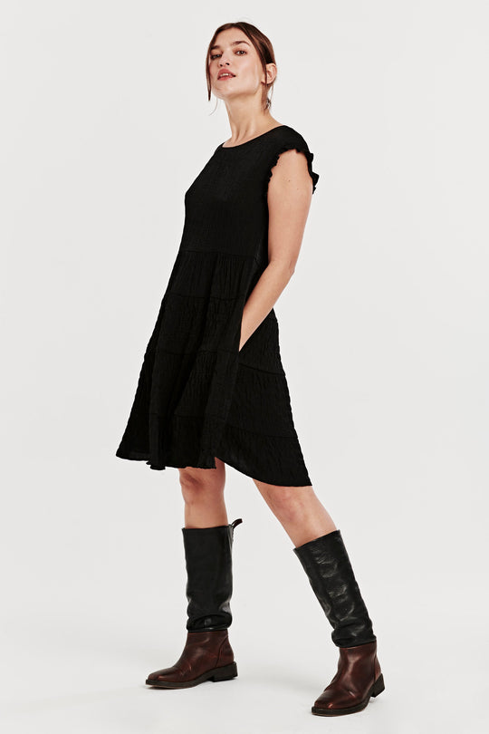 image of a female model wearing a SADIE SLEEVELESS DRESS BLACK DEAR JOHN DENIM 