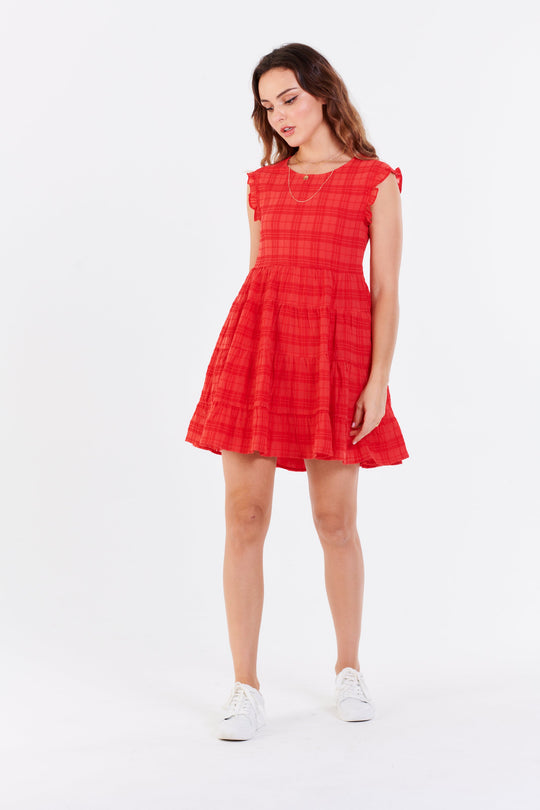 image of a female model wearing a SADIE SLEEVELESS DRESS APPLE RED DEAR JOHN DENIM 