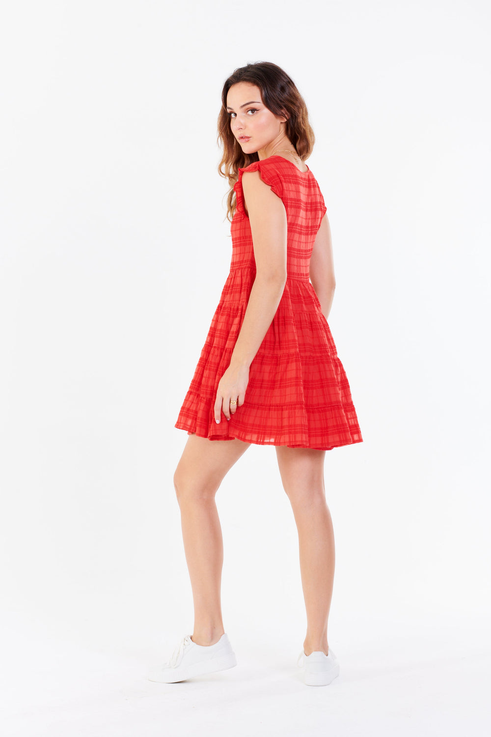 image of a female model wearing a SADIE SLEEVELESS DRESS APPLE RED DEAR JOHN DENIM 