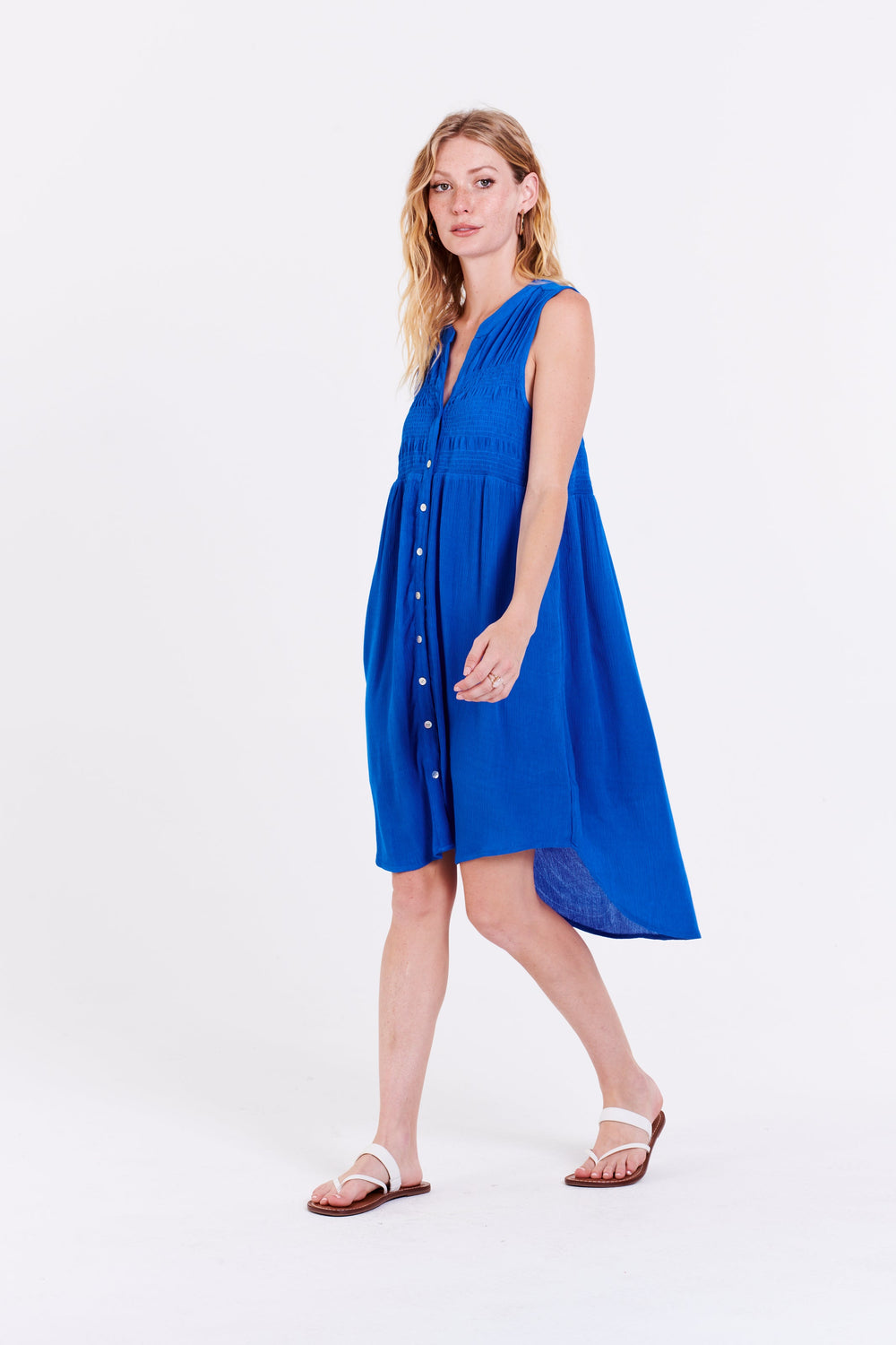 image of a female model wearing a VIOLETA BUTTON FRONT DRESS IRIS BLUE DRESSES