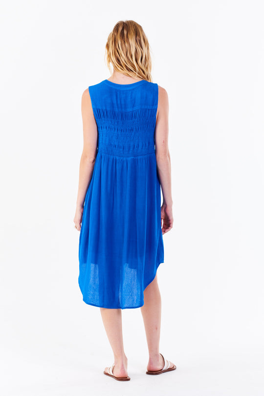 image of a female model wearing a VIOLETA BUTTON FRONT DRESS IRIS BLUE DEAR JOHN DENIM 